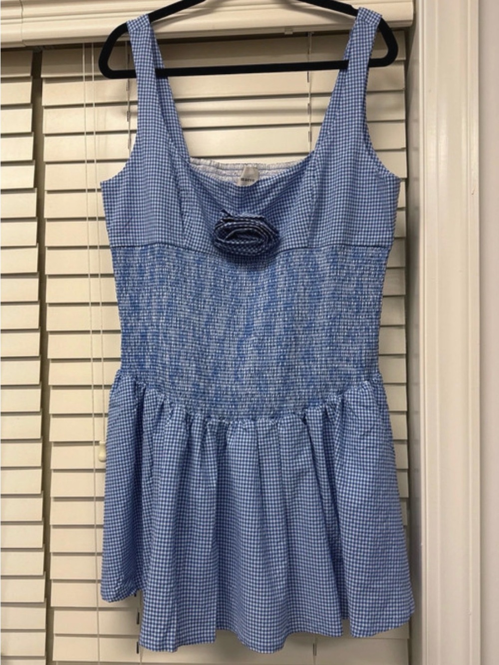 Anthropologie Light Blue Gingham Smocked Mini Dress with Rosette